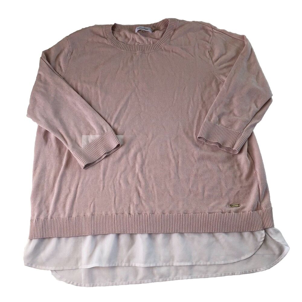 Calvin Klein Knit Sweater Layered Look 3/4 Sleeve Pink Over White Size XL